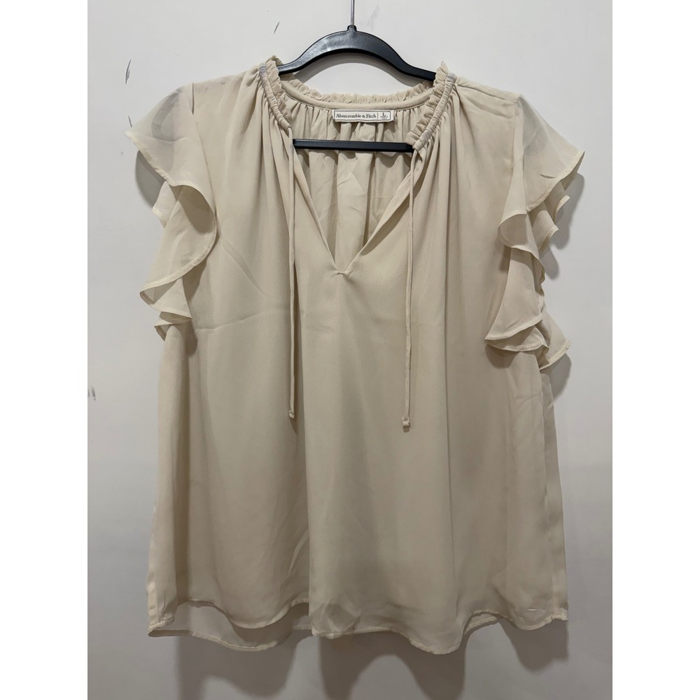 Abercrombie & Fitch Cream Ruffle Neck Flutter Sleeve Blouse Top Large Beige Boho